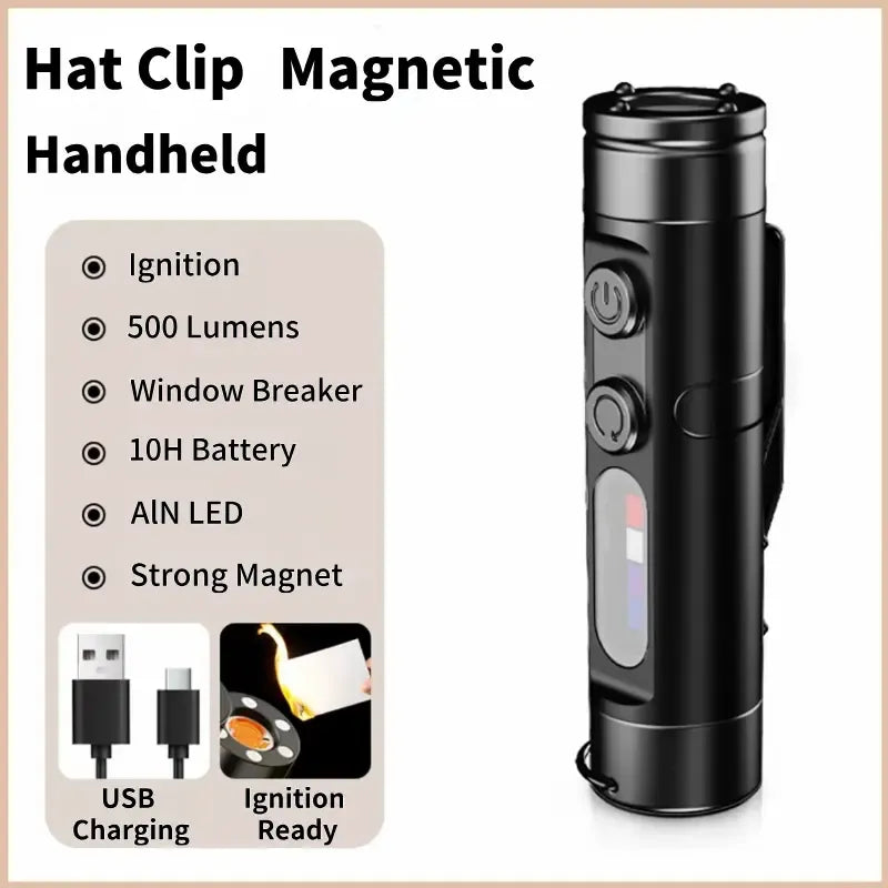 Flashlight 500 Lumens USB-C Rechargeable, Magnetic Base, 3 Color Sidelights, Red-Blue Strobe, Fire Starter, Window Breaker for Outdoor Camping, Emergency, Everyday Carry & Hiking, Compact Keychain LED Light.