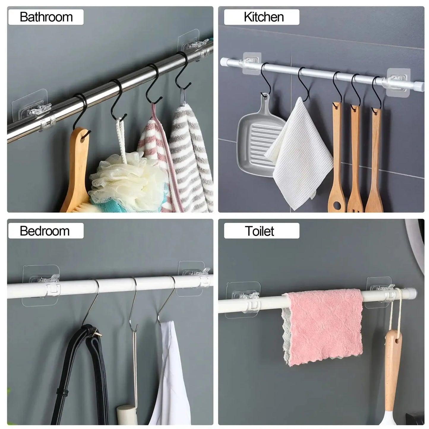 A set of 8PCS Curtain Rod Brackets with Clips,Transparent Drapery Hooks,Rod Hanging,Adjustable Rods Holder,Multipurposefor Curtain Rod Hooks for Livingroom Bathroom Kitchen Bedroom Toilet Apartment,home essentials