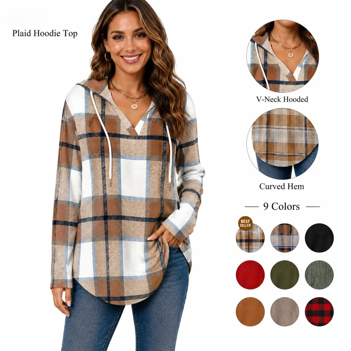 Women's Plaid Hoodie Tunic Top – Oversized Soft Pullover