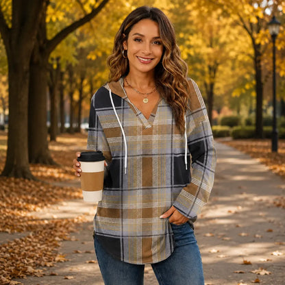 Women's Plaid Hoodie Tunic Top – Oversized Soft Pullover