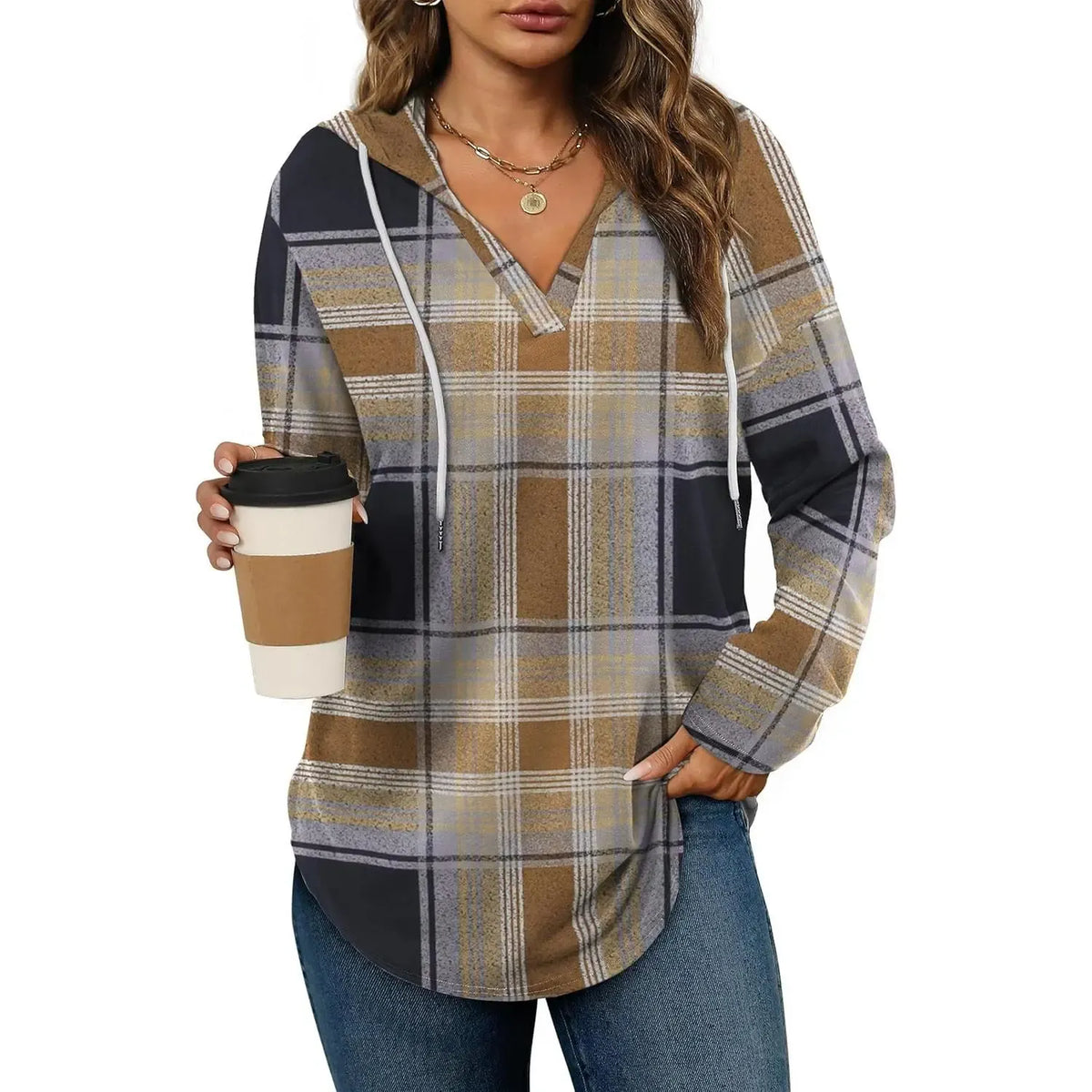 Women's Plaid Hoodie Tunic Top – Oversized Soft Pullover