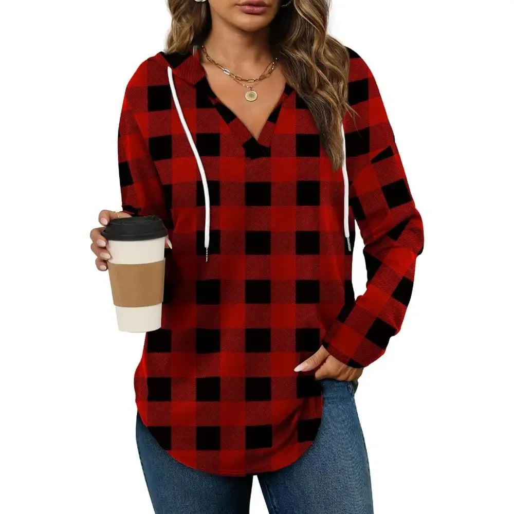 Women's Plaid Hoodie Tunic Top – Oversized Soft Pullover