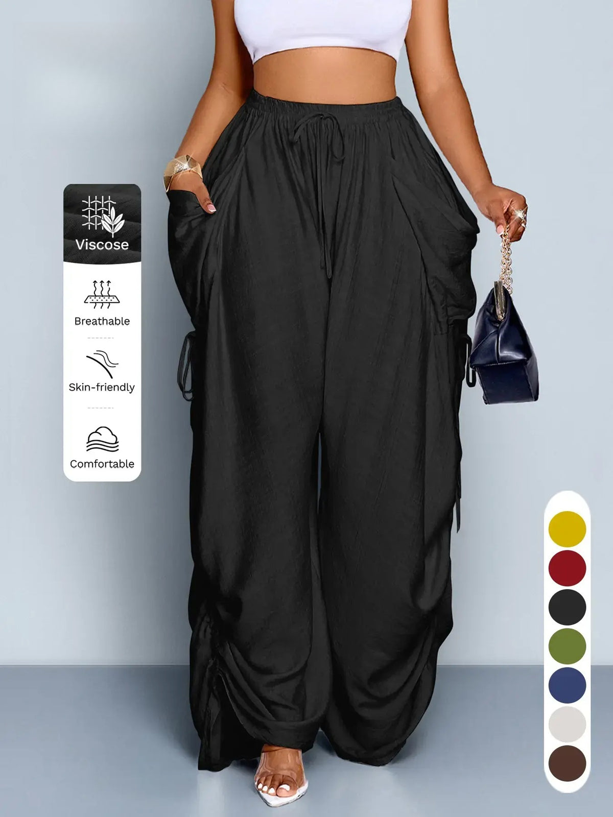 Women's Casual Solid High Waist Wide Leg Pants, Side Drawstring Loose Long Pants, Large Pockets, All Seasons Fashion Office Wear Female Clothing, Bottoms