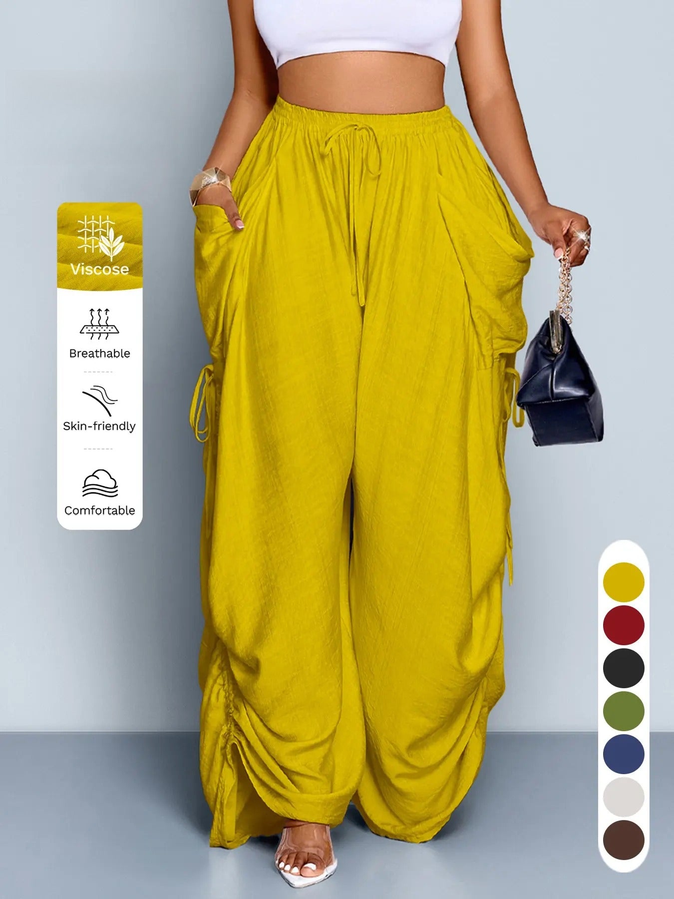 Women's Casual Solid High Waist Wide Leg Pants, Side Drawstring Loose Long Pants, Large Pockets, All Seasons Fashion Office Wear Female Clothing, Bottoms