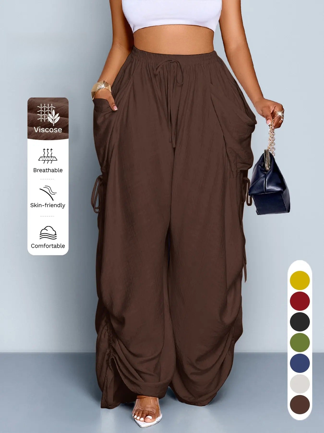 Women's Casual Solid High Waist Wide Leg Pants, Side Drawstring Loose Long Pants, Large Pockets, All Seasons Fashion Office Wear Female Clothing, Bottoms