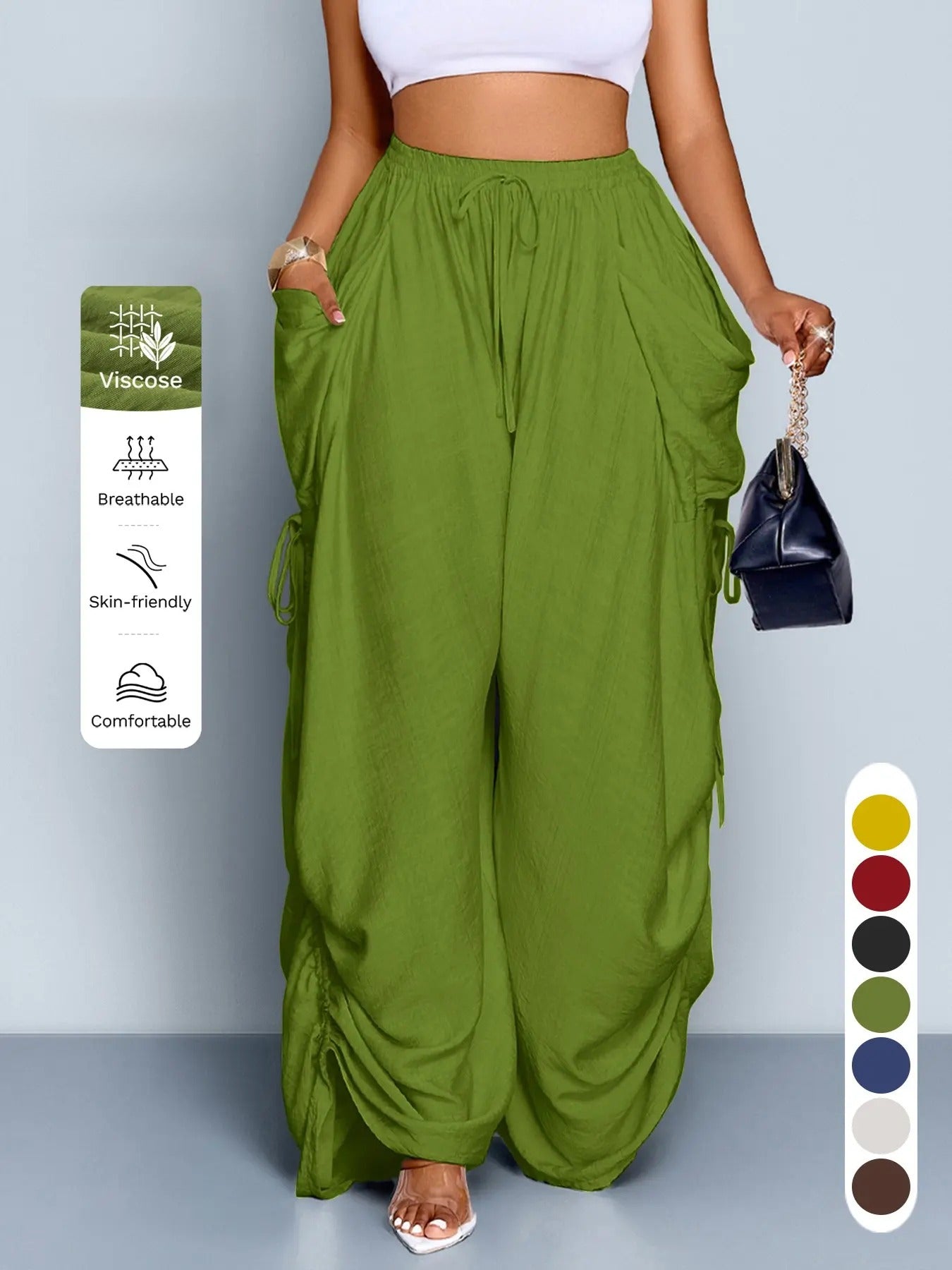 Women's Casual Solid High Waist Wide Leg Pants, Side Drawstring Loose Long Pants, Large Pockets, All Seasons Fashion Office Wear Female Clothing, Bottoms
