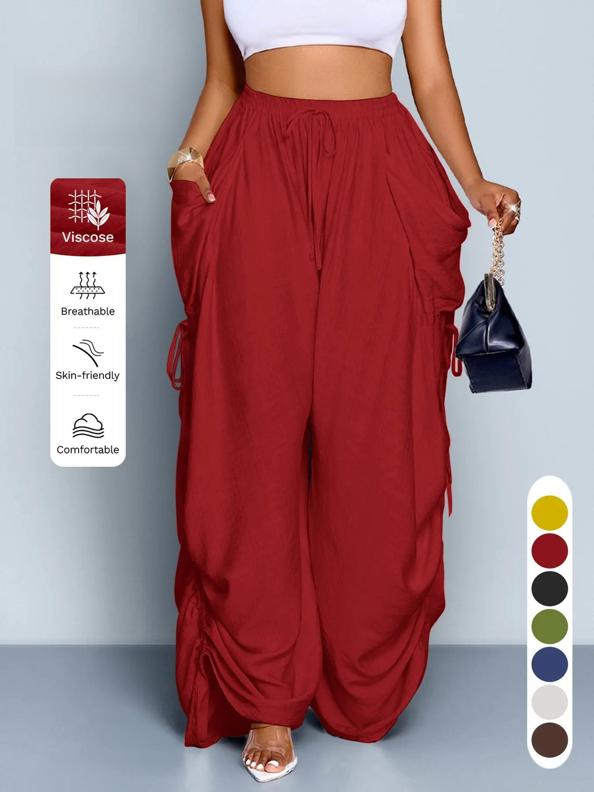 Women's Casual Solid High Waist Wide Leg Pants, Side Drawstring Loose Long Pants, Large Pockets, All Seasons Fashion Office Wear Female Clothing, Bottoms