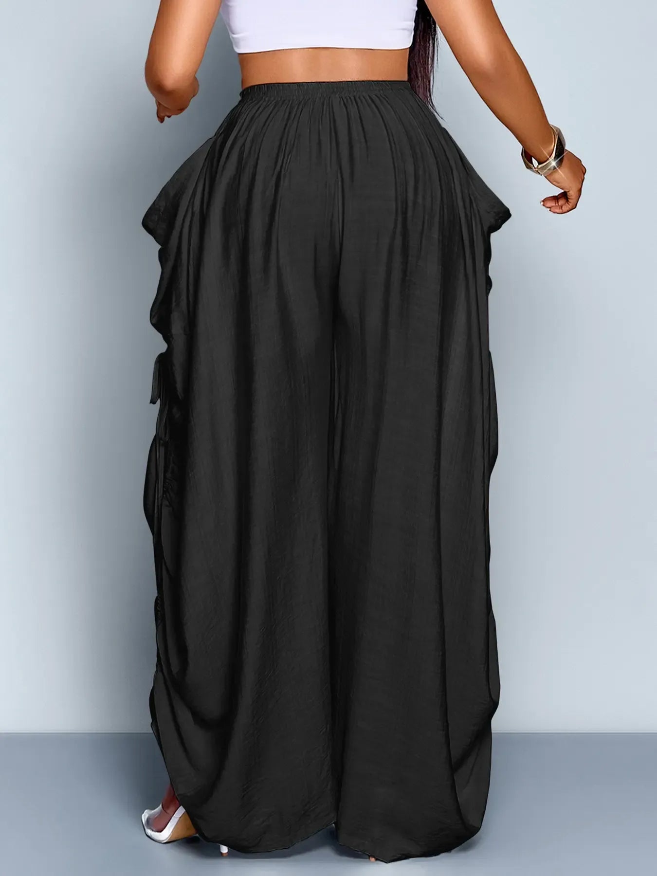 Women's Casual Solid High Waist Wide Leg Pants, Side Drawstring Loose Long Pants, Large Pockets, All Seasons Fashion Office Wear Female Clothing, Bottoms
