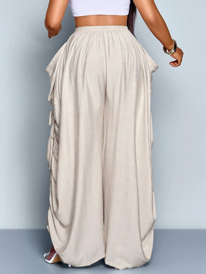 Women's Casual Solid High Waist Wide Leg Pants, Side Drawstring Loose Long Pants, Large Pockets, All Seasons Fashion Office Wear Female Clothing, Bottoms