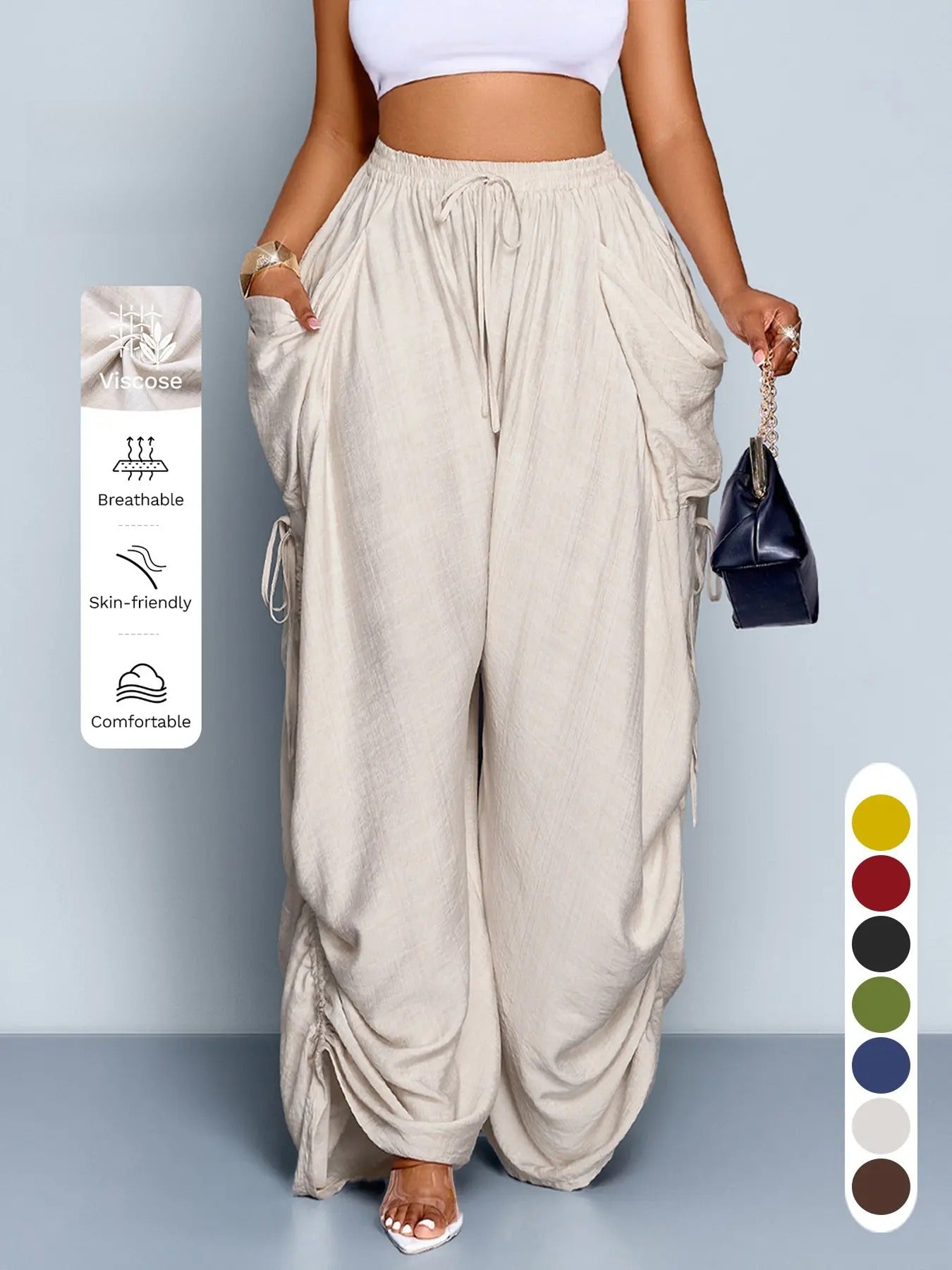Women's Casual Solid High Waist Wide Leg Pants, Side Drawstring Loose Long Pants, Large Pockets, All Seasons Fashion Office Wear Female Clothing, Bottoms
