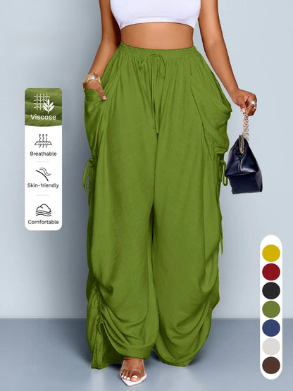 Women's Casual Solid High Waist Wide Leg Pants, Side Drawstring Loose Long Pants, Large Pockets, All Seasons Fashion Office Wear Female Clothing, Bottoms