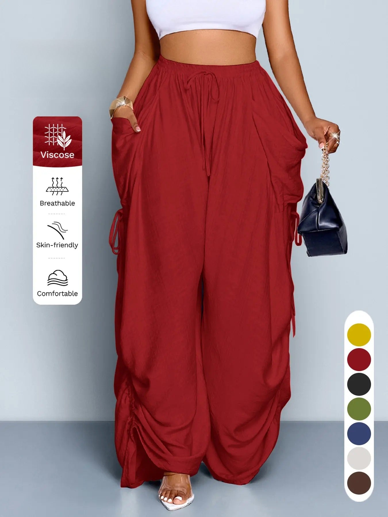 Women's Casual Solid High Waist Wide Leg Pants, Side Drawstring Loose Long Pants, Large Pockets, All Seasons Fashion Office Wear Female Clothing, Bottoms