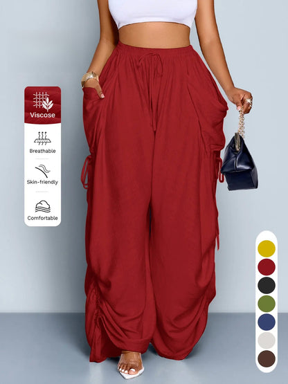 Women's Casual Solid High Waist Wide Leg Pants, Side Drawstring Loose Long Pants, Large Pockets, All Seasons Fashion Office Wear Female Clothing, Bottoms