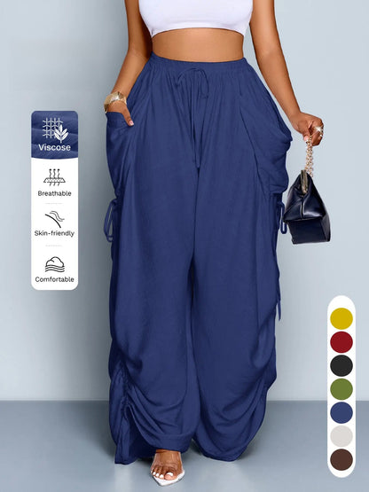 Women's Casual Solid High Waist Wide Leg Pants, Side Drawstring Loose Long Pants, Large Pockets, All Seasons Fashion Office Wear Female Clothing, Bottoms