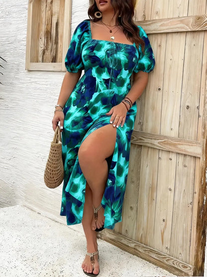 【Plus Size】 Ditsy Floral / All Over Print Split Thigh Dress, Casual Boho Bohemian Puff Sleeve Tie Front Dress, Women Plus Clothing Womenswear for Summer Daily Wear