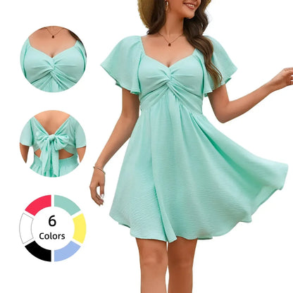 Women's Summer Sweetheart NecklineKnot Front Flowy Mini Chiffon Dresses , Flutter Sleeve, Tie-Back, A-Line Cut, No Scratchy, No Sheer, Wedding Guest,Bridal Shower, Church, Party, Casual, or Daily Wear, Summervibes