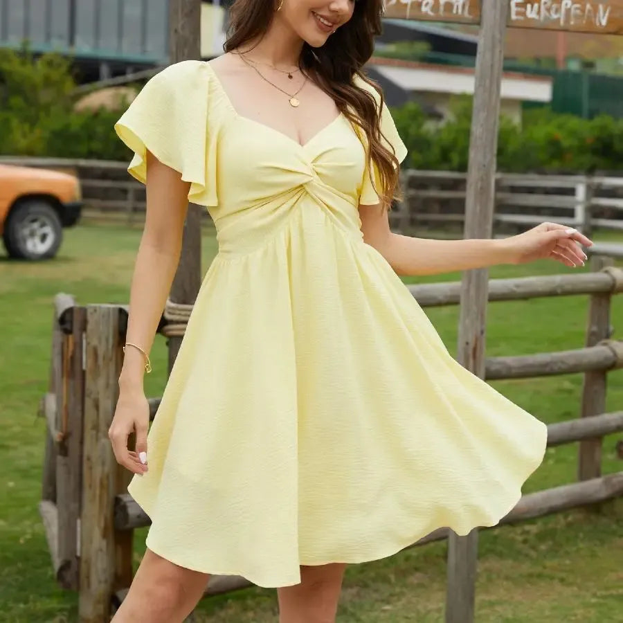Women's Summer Sweetheart NecklineKnot Front Flowy Mini Chiffon Dresses , Flutter Sleeve, Tie-Back, A-Line Cut, No Scratchy, No Sheer, Wedding Guest,Bridal Shower, Church, Party, Casual, or Daily Wear, Summervibes