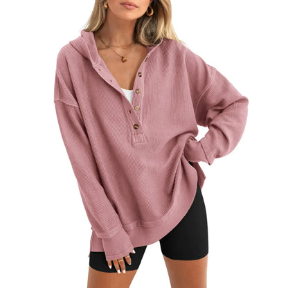 Womens Fashion Long Sleeve Hoodie Oversized Button Up V Neck Sweatshirt Side Slit Casual Pullover Tops for Fall Cozy Goals