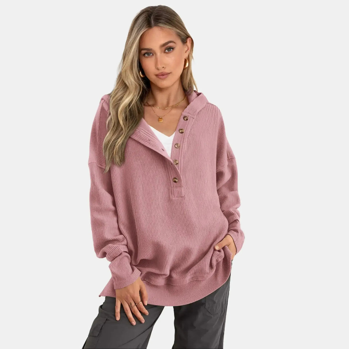 Womens Fashion Long Sleeve Hoodie Oversized Button Up V Neck Sweatshirt Side Slit Casual Pullover Tops for Fall Cozy Goals