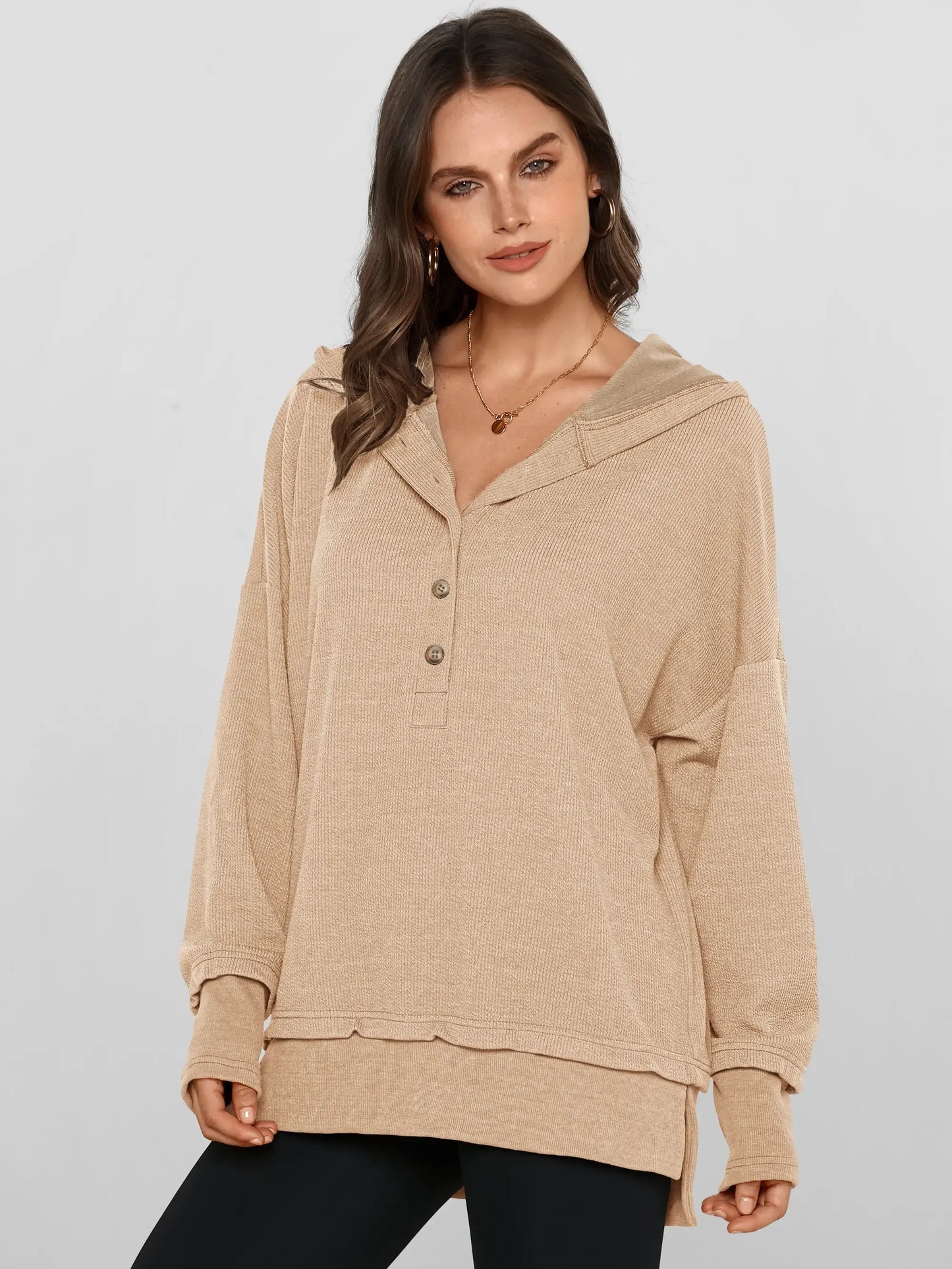 Womens Fashion Long Sleeve Hoodie Oversized Button Up V Neck Sweatshirt Side Slit Casual Pullover Tops for Fall Cozy Goals