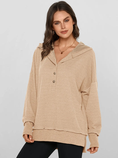 Womens Fashion Long Sleeve Hoodie Oversized Button Up V Neck Sweatshirt Side Slit Casual Pullover Tops for Fall Cozy Goals