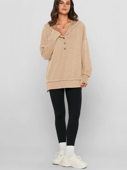 Womens Fashion Long Sleeve Hoodie Oversized Button Up V Neck Sweatshirt Side Slit Casual Pullover Tops for Fall Cozy Goals