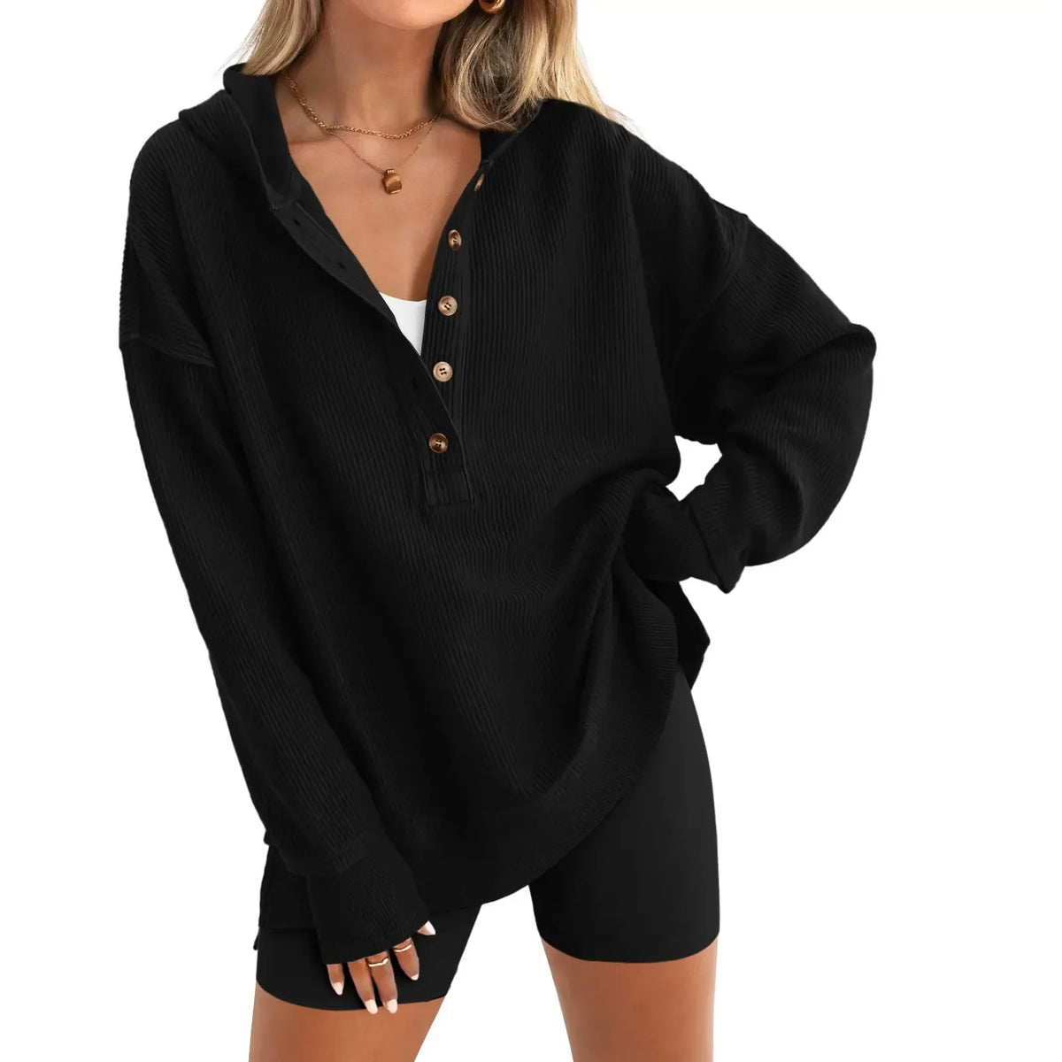 Womens Fashion Long Sleeve Hoodie Oversized Button Up V Neck Sweatshirt Side Slit Casual Pullover Tops for Fall Cozy Goals