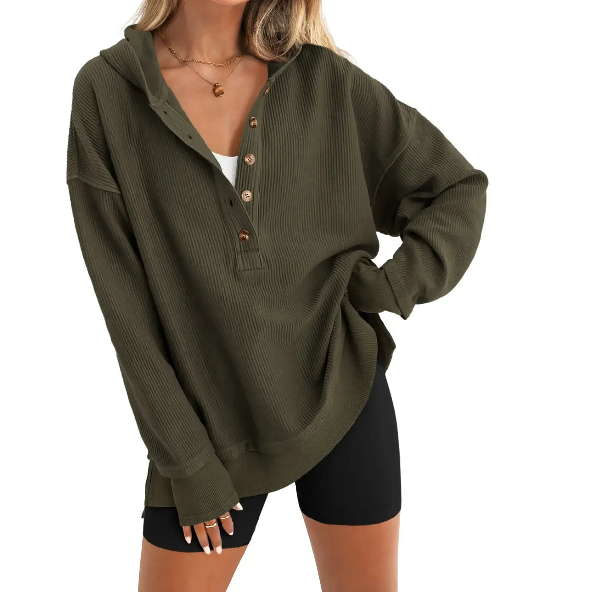 Womens Fashion Long Sleeve Hoodie Oversized Button Up V Neck Sweatshirt Side Slit Casual Pullover Tops for Fall Cozy Goals
