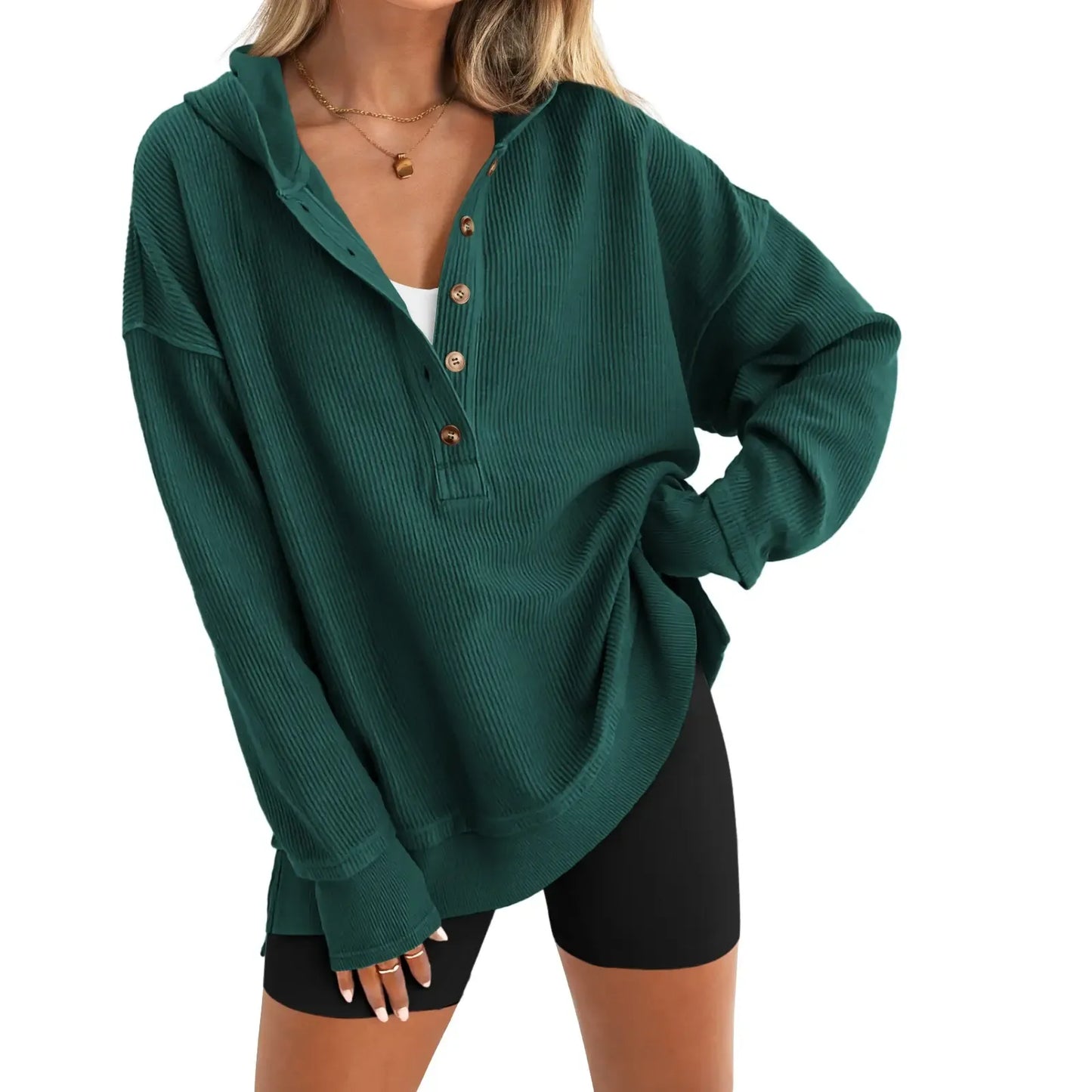 Womens Fashion Long Sleeve Hoodie Oversized Button Up V Neck Sweatshirt Side Slit Casual Pullover Tops for Fall Cozy Goals
