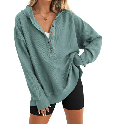Womens Fashion Long Sleeve Hoodie Oversized Button Up V Neck Sweatshirt Side Slit Casual Pullover Tops for Fall Cozy Goals