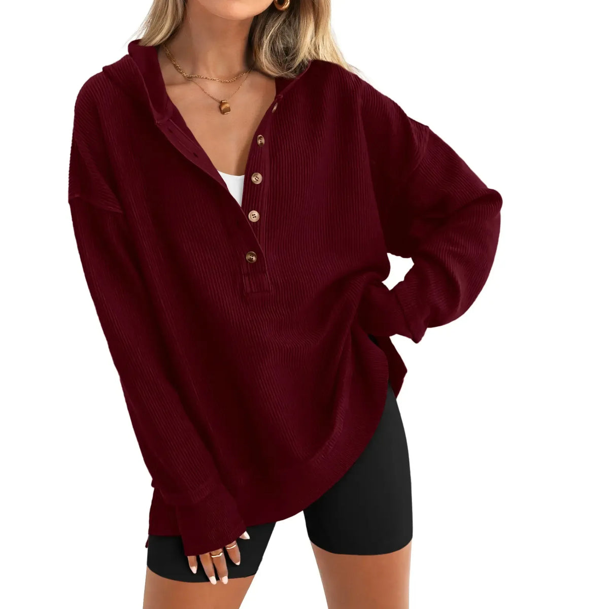 Womens Fashion Long Sleeve Hoodie Oversized Button Up V Neck Sweatshirt Side Slit Casual Pullover Tops for Fall Cozy Goals