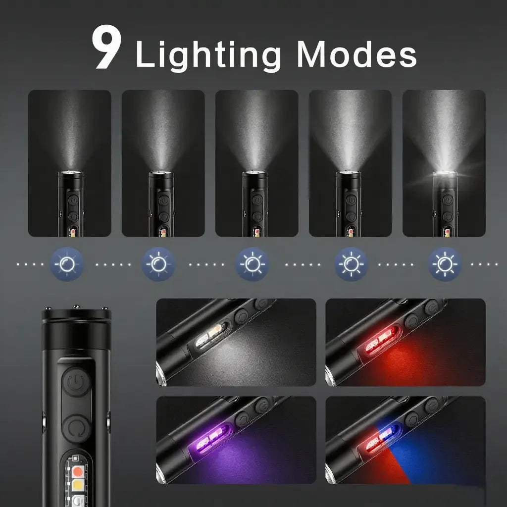 Flashlight 500 Lumens USB-C Rechargeable, Magnetic Base, 3 Color Sidelights, Red-Blue Strobe, Fire Starter, Window Breaker for Outdoor Camping, Emergency, Everyday Carry & Hiking, Compact Keychain LED Light.