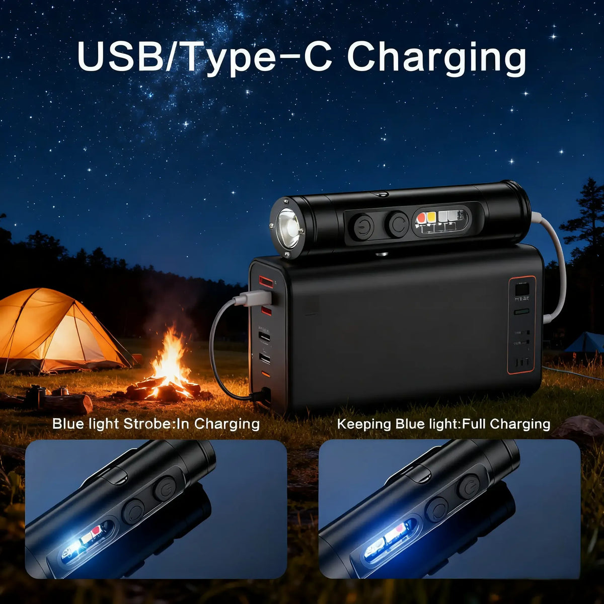 Flashlight 500 Lumens USB-C Rechargeable, Magnetic Base, 3 Color Sidelights, Red-Blue Strobe, Fire Starter, Window Breaker for Outdoor Camping, Emergency, Everyday Carry & Hiking, Compact Keychain LED Light.