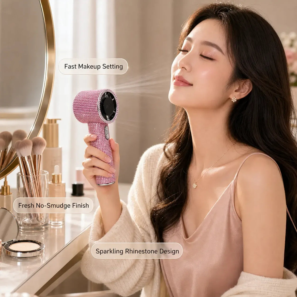 Diamond Handheld Pocket Fan - Personal Small Cordless Wireless Fan with Digital Display, 3-Speed Rechargeable Adjustable for Travel, Outdoor Use, Female Gifts