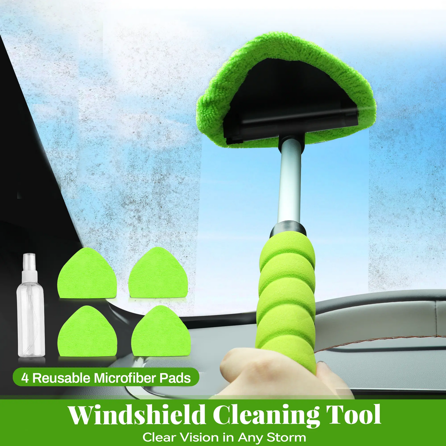 Car Windshield Cleaner with Extendable Handle & Microfiber Pads