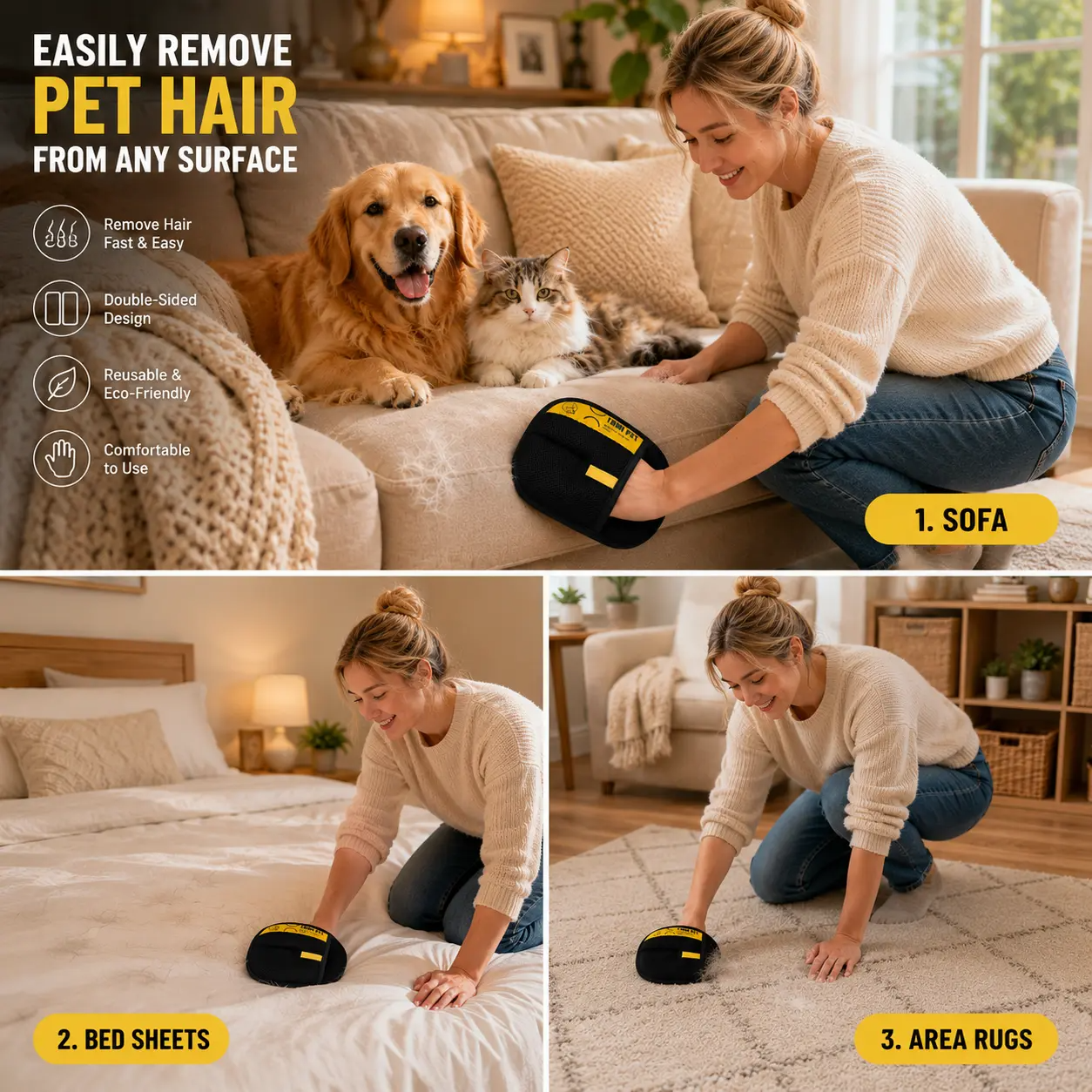 Pet Hair Remover Glove for Cats & Dogs, Reusable Electrostatic Lint Remover Mitt for Furniture, Couch, Carpet & Clothes