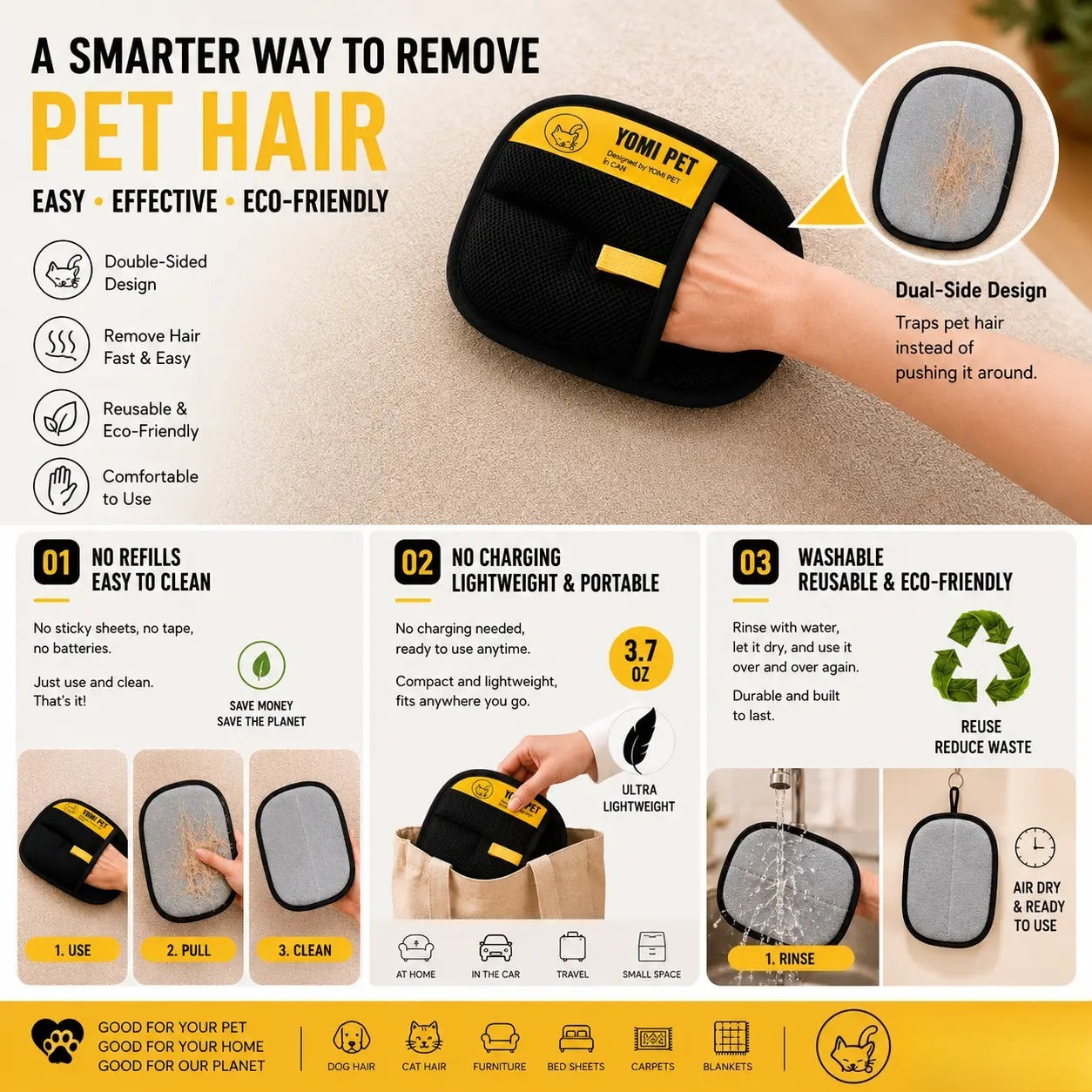 Pet Hair Remover Glove for Cats & Dogs, Reusable Electrostatic Lint Remover Mitt for Furniture, Couch, Carpet & Clothes